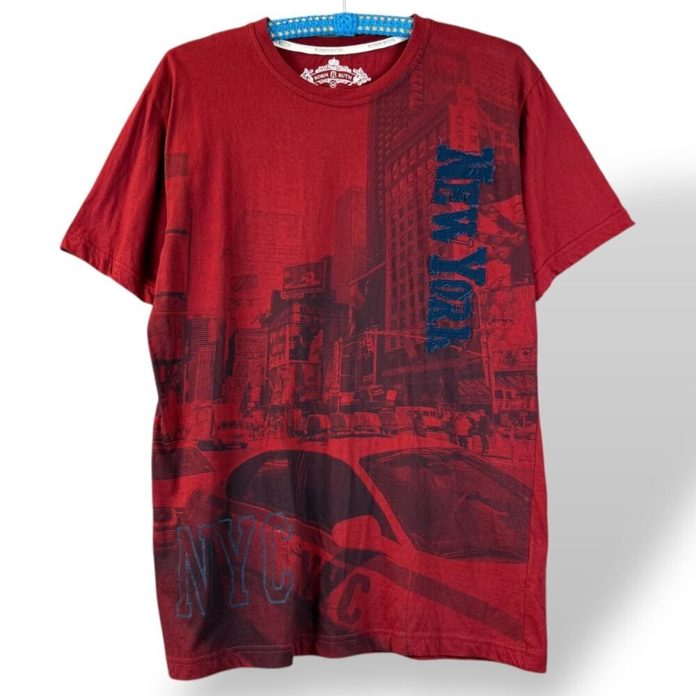 VTG Robin Ruth NYC Times Square T-Shirt Men Sz M Red All Over Print Cotton Shirt